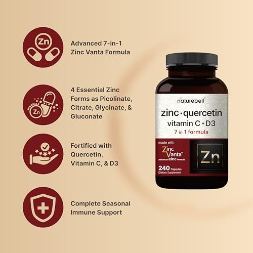 NatureBell Zink Quercetin mit Vitamin C & D3, 240 Kapseln | Quercetin 1000mg + Zink 50mg + Vitamin C 250mg + Vitamin D3 5000 IE | 4-in-1 Fortschrittliche Immun- & Lungenunterstützung | ZincVanta Formel