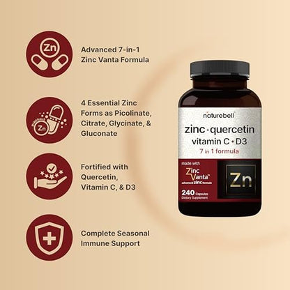 NatureBell Zink Quercetin mit Vitamin C & D3, 240 Kapseln | Quercetin 1000mg + Zink 50mg + Vitamin C 250mg + Vitamin D3 5000 IE | 4-in-1 Fortschrittliche Immun- & Lungenunterstützung | ZincVanta Formel