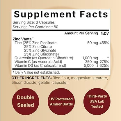 NatureBell Zink Quercetin mit Vitamin C & D3, 240 Kapseln | Quercetin 1000mg + Zink 50mg + Vitamin C 250mg + Vitamin D3 5000 IE | 4-in-1 Fortschrittliche Immun- & Lungenunterstützung | ZincVanta Formel