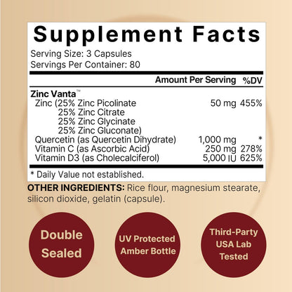 NatureBell Zink Quercetin mit Vitamin C & D3, 240 Kapseln | Quercetin 1000mg + Zink 50mg + Vitamin C 250mg + Vitamin D3 5000 IE | 4-in-1 Fortschrittliche Immun- & Lungenunterstützung | ZincVanta Formel