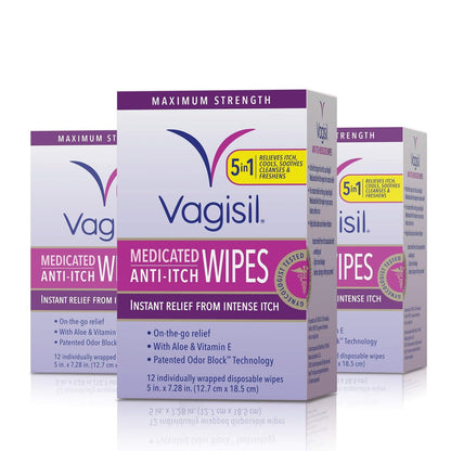 Vagisil Anti-Juckreiz Medizinische Intimtücher für Frauen, Maximale Stärke, Gynäkologisch getestet, 12 Tücher (3er-Pack)