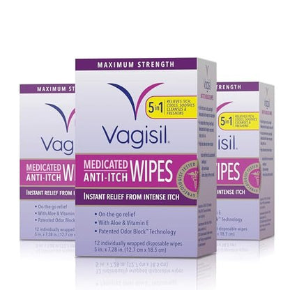 Vagisil Anti-Juckreiz Medizinische Intimtücher für Frauen, Maximale Stärke, Gynäkologisch getestet, 12 Tücher (3er-Pack)