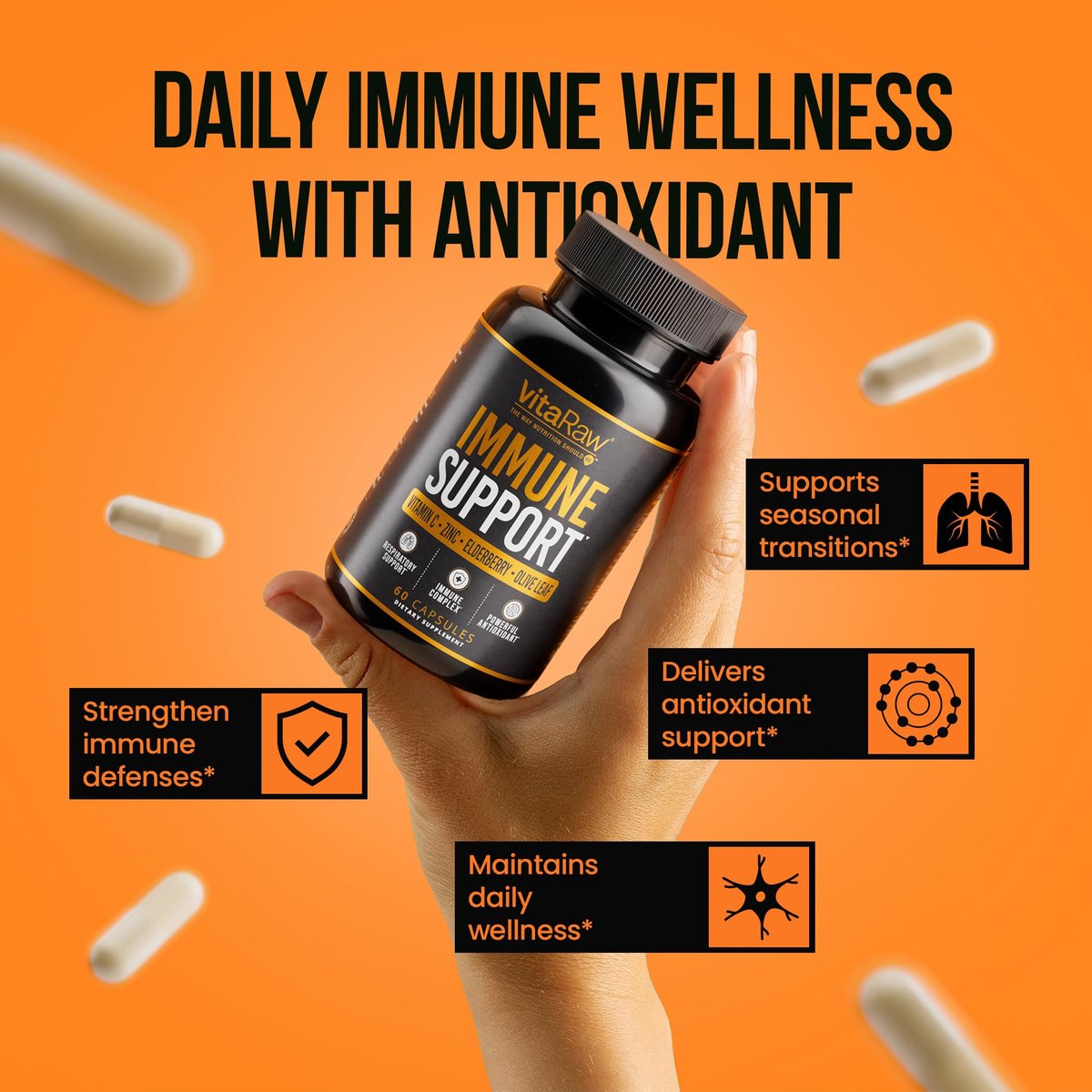 VitaRaw Immunsystem Unterstützung Vitamine – Holunder mit Zink, Vitamin C und Knoblauch für Erwachsene – Sambucus Schwarzer Holunder Kapseln & Echinacea Immunität Erneuerung Komplex