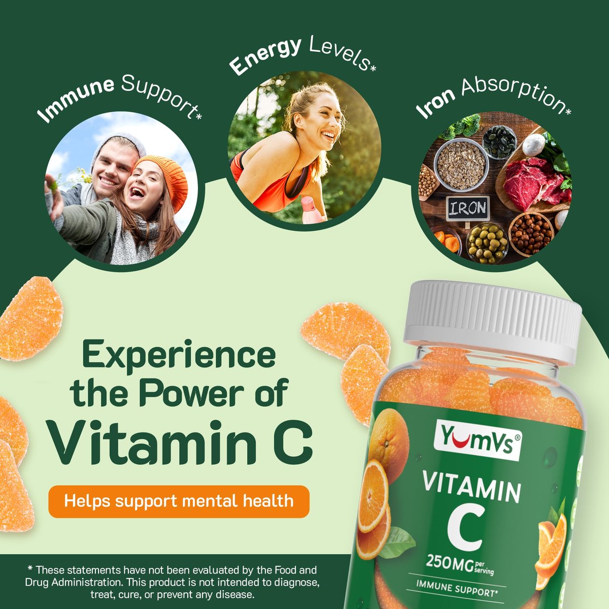 YUM-V'S Vitamin C Gummies für Erwachsene - 250 mg leckere Vitamin C Gummibärchen - Immununterstützung - Orangen-Geschmack - Koscher, Halal, Glutenfrei (100 Stück)