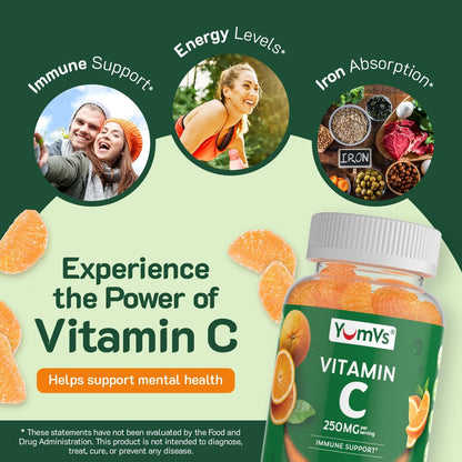 YUM-V'S Vitamin C Gummies für Erwachsene - 250 mg leckere Vitamin C Gummibärchen - Immununterstützung - Orangen-Geschmack - Koscher, Halal, Glutenfrei (100 Stück)