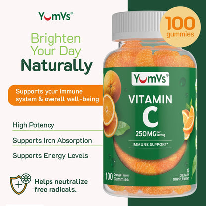 YUM-V'S Vitamin C Gummies für Erwachsene - 250 mg leckere Vitamin C Gummibärchen - Immununterstützung - Orangen-Geschmack - Koscher, Halal, Glutenfrei (100 Stück)