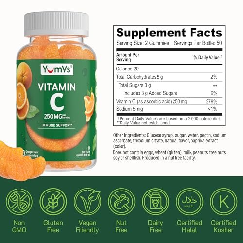 YUM-V'S Vitamin C Gummies für Erwachsene - 250 mg leckere Vitamin C Gummibärchen - Immununterstützung - Orangen-Geschmack - Koscher, Halal, Glutenfrei (100 Stück)