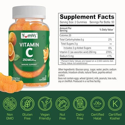 YUM-V'S Vitamin C Gummies für Erwachsene - 250 mg leckere Vitamin C Gummibärchen - Immununterstützung - Orangen-Geschmack - Koscher, Halal, Glutenfrei (100 Stück)