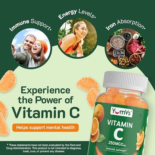 YUM-V'S Vitamin C Gummies für Erwachsene - 250 mg leckere Vitamin C Gummibärchen - Immununterstützung - Orangen-Geschmack - Koscher, Halal, Glutenfrei (100 Stück)