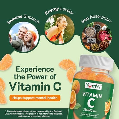 YUM-V'S Vitamin C Gummies für Erwachsene - 250 mg leckere Vitamin C Gummibärchen - Immununterstützung - Orangen-Geschmack - Koscher, Halal, Glutenfrei (100 Stück)
