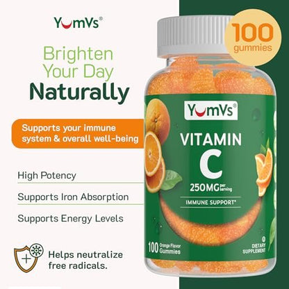 YUM-V'S Vitamin C Gummies für Erwachsene - 250 mg leckere Vitamin C Gummibärchen - Immununterstützung - Orangen-Geschmack - Koscher, Halal, Glutenfrei (100 Stück)