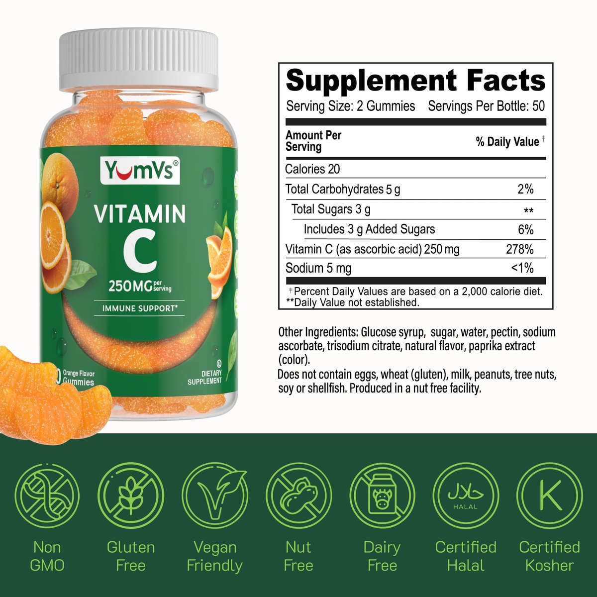 YUM-V'S Vitamin C Gummies für Erwachsene - 250 mg leckere Vitamin C Gummibärchen - Immununterstützung - Orangen-Geschmack - Koscher, Halal, Glutenfrei (100 Stück)