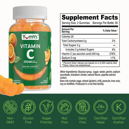 YUM-V'S Vitamin C Gummies für Erwachsene - 250 mg leckere Vitamin C Gummibärchen - Immununterstützung - Orangen-Geschmack - Koscher, Halal, Glutenfrei (100 Stück)
