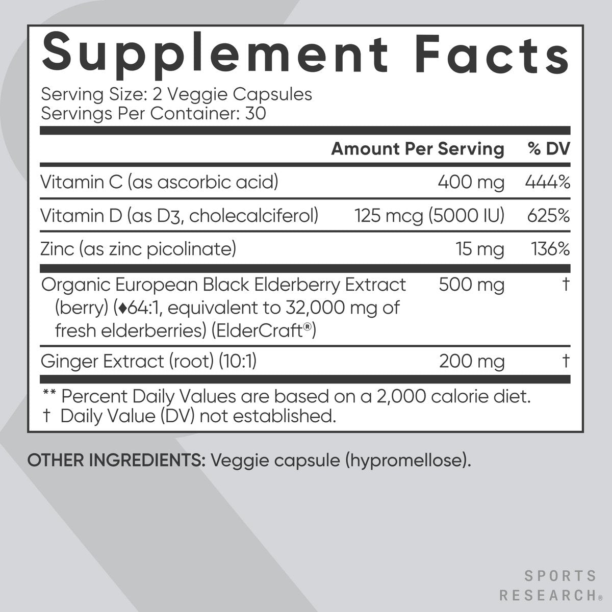 Sports Research® Holunderbeeren Immununterstützung mit Zink, Ingwer, Vitamin C & D3 – Vegan, Nicht-GVO, Glutenfrei – 60 vegane Kapseln