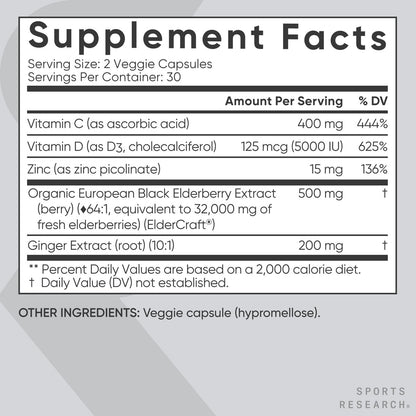 Sports Research® Holunderbeeren Immununterstützung mit Zink, Ingwer, Vitamin C & D3 – Vegan, Nicht-GVO, Glutenfrei – 60 vegane Kapseln