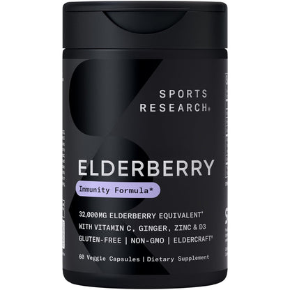 Sports Research® Holunderbeeren Immununterstützung mit Zink, Ingwer, Vitamin C & D3 – Vegan, Nicht-GVO, Glutenfrei – 60 vegane Kapseln
