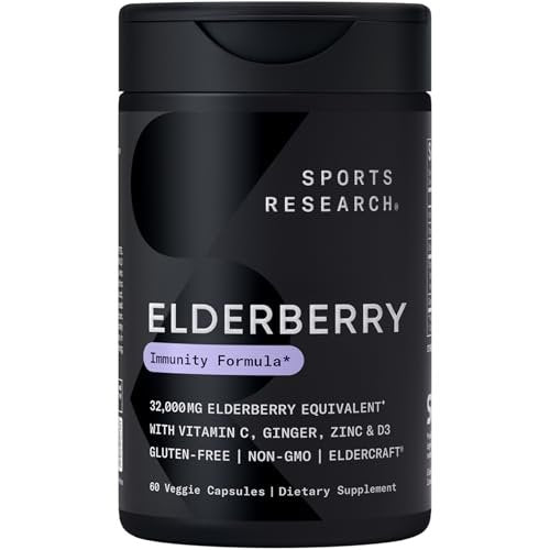 Sports Research® Holunderbeeren Immununterstützung mit Zink, Ingwer, Vitamin C & D3 – Vegan, Nicht-GVO, Glutenfrei – 60 vegane Kapseln