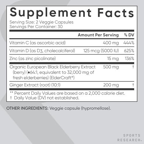 Sports Research® Holunderbeeren Immununterstützung mit Zink, Ingwer, Vitamin C & D3 – Vegan, Nicht-GVO, Glutenfrei – 60 vegane Kapseln