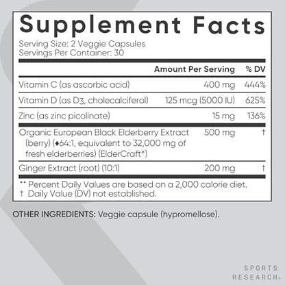 Sports Research® Holunderbeeren Immununterstützung mit Zink, Ingwer, Vitamin C & D3 – Vegan, Nicht-GVO, Glutenfrei – 60 vegane Kapseln