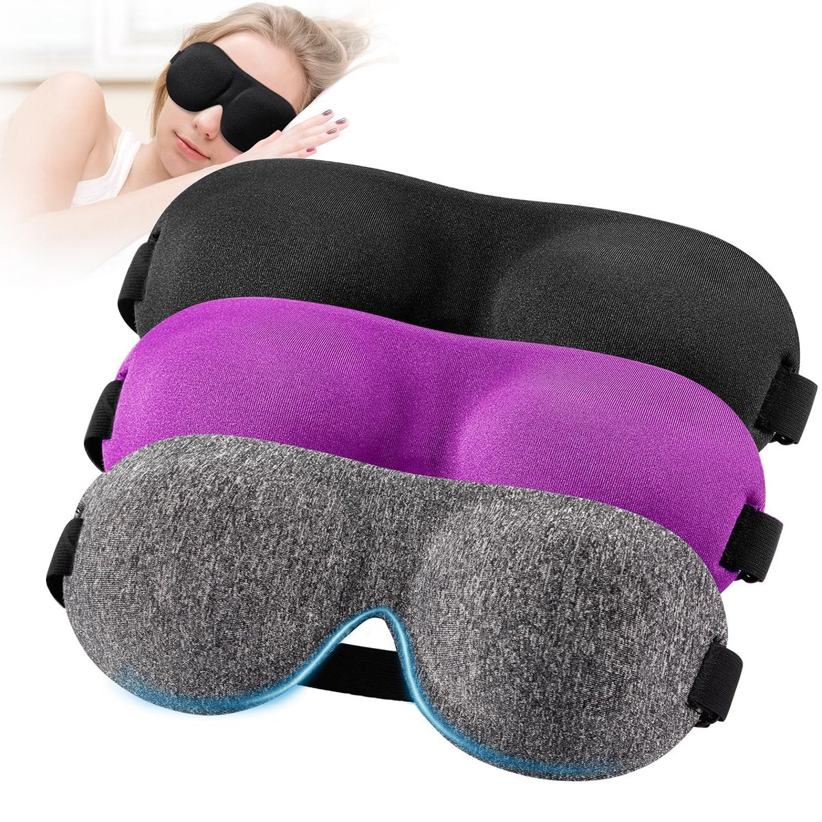 YIVIEW Schlafmaske für Rücken- und Seitenschläfer, 3er-Pack, 100% Lichtblockierung, 3D Augenmaske, Atmungsaktiv, Leicht, Null Druck, Nachtblindflug