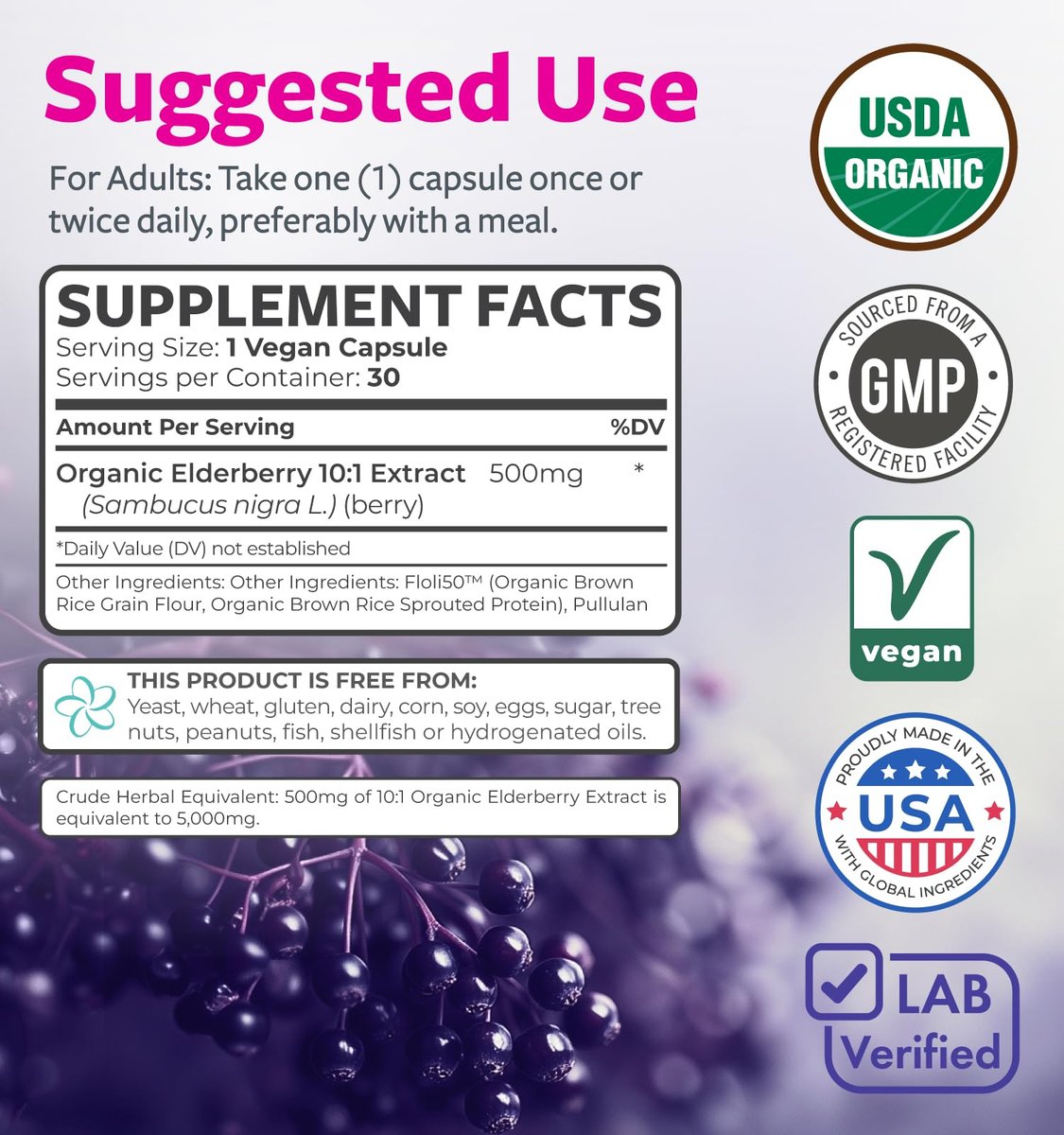 PURE CO Bio Holunder 10:1 Extrakt 500mg pro Kapsel - Veganes Schwarzer Holunder Supplement für Immununterstützung, Allergie- und Nebenhöhlenlinderung - Sambucus Nigra - 30 Kapseln