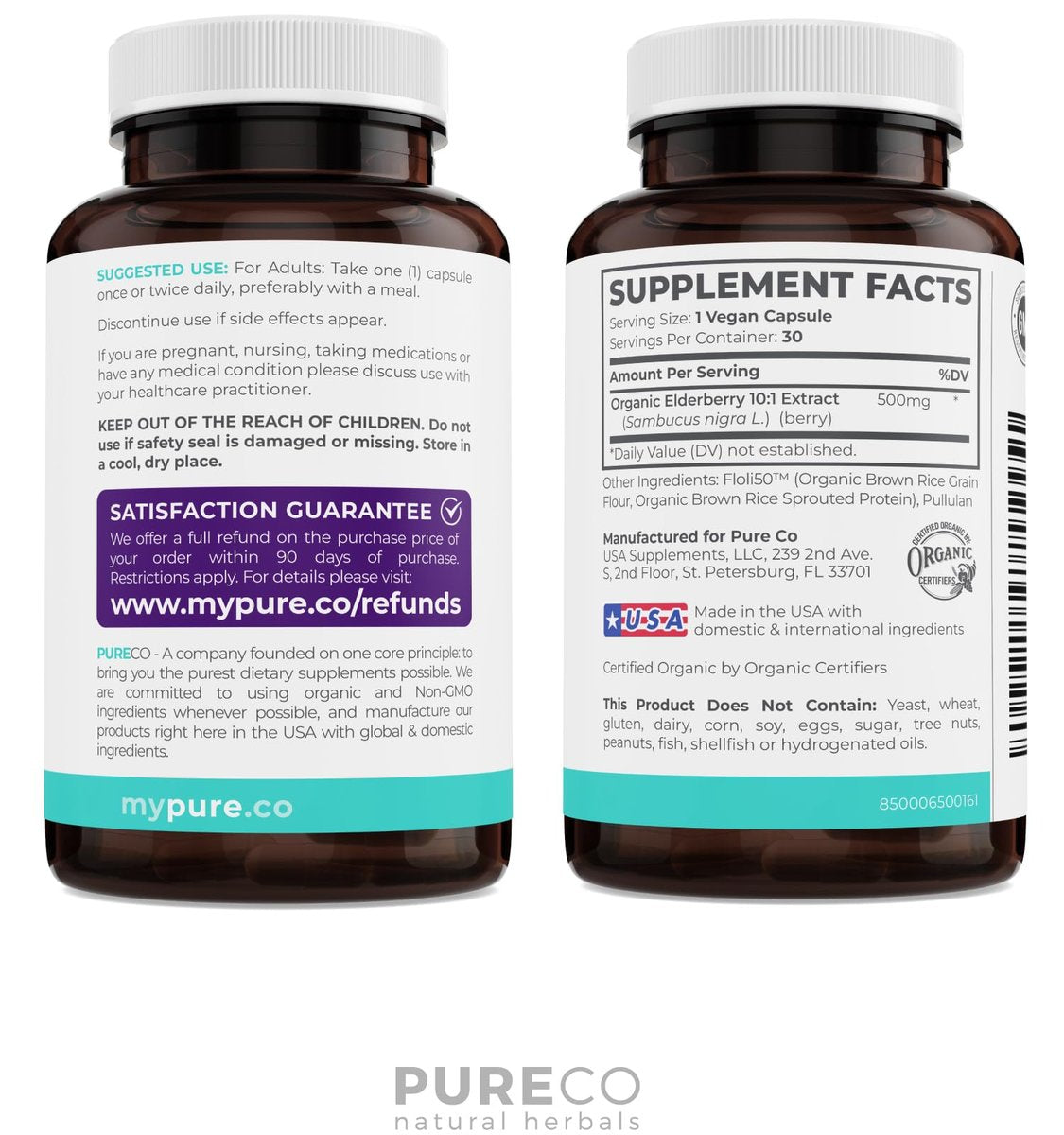 PURE CO Bio Holunder 10:1 Extrakt 500mg pro Kapsel - Veganes Schwarzer Holunder Supplement für Immununterstützung, Allergie- und Nebenhöhlenlinderung - Sambucus Nigra - 30 Kapseln
