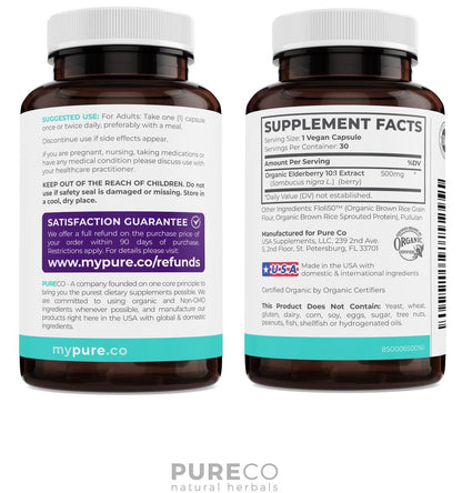 PURE CO Bio Holunder 10:1 Extrakt 500mg pro Kapsel - Veganes Schwarzer Holunder Supplement für Immununterstützung, Allergie- und Nebenhöhlenlinderung - Sambucus Nigra - 30 Kapseln