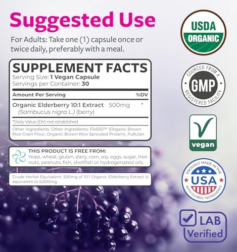 PURE CO Bio Holunder 10:1 Extrakt 500mg pro Kapsel - Veganes Schwarzer Holunder Supplement für Immununterstützung, Allergie- und Nebenhöhlenlinderung - Sambucus Nigra - 30 Kapseln