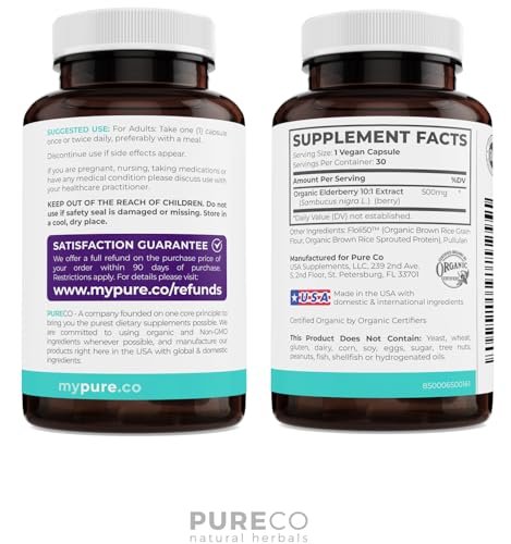 PURE CO Bio Holunder 10:1 Extrakt 500mg pro Kapsel - Veganes Schwarzer Holunder Supplement für Immununterstützung, Allergie- und Nebenhöhlenlinderung - Sambucus Nigra - 30 Kapseln