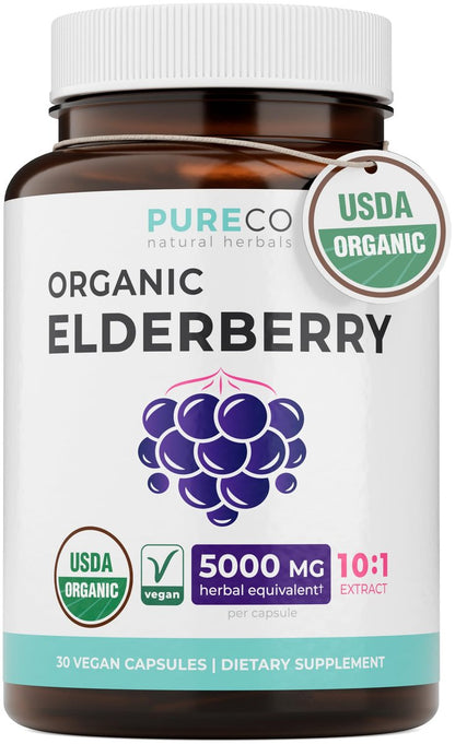 PURE CO Bio Holunder 10:1 Extrakt 500mg pro Kapsel - Veganes Schwarzer Holunder Supplement für Immununterstützung, Allergie- und Nebenhöhlenlinderung - Sambucus Nigra - 30 Kapseln