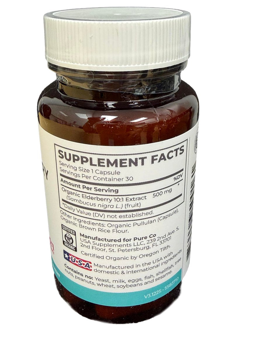 PURE CO Bio Holunder 10:1 Extrakt 500mg pro Kapsel - Veganes Schwarzer Holunder Supplement für Immununterstützung, Allergie- und Nebenhöhlenlinderung - Sambucus Nigra - 30 Kapseln