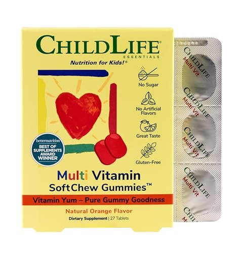 CHILDLIFE ESSENTIALS Multivitamin SoftChew Gummis für Kinder – Zuckerfreie Vitamin-Gummis mit natürlichem Orangen-Geschmack, 27 Stück