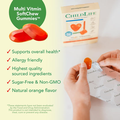 CHILDLIFE ESSENTIALS Multivitamin SoftChew Gummis für Kinder – Zuckerfreie Vitamin-Gummis mit natürlichem Orangen-Geschmack, 27 Stück
