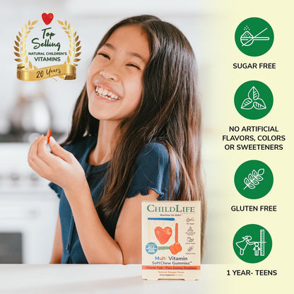 CHILDLIFE ESSENTIALS Multivitamin SoftChew Gummis für Kinder – Zuckerfreie Vitamin-Gummis mit natürlichem Orangen-Geschmack, 27 Stück