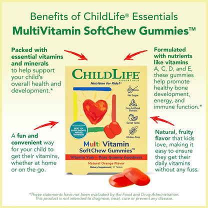 CHILDLIFE ESSENTIALS Multivitamin SoftChew Gummis für Kinder – Zuckerfreie Vitamin-Gummis mit natürlichem Orangen-Geschmack, 27 Stück