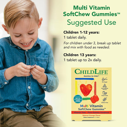 CHILDLIFE ESSENTIALS Multivitamin SoftChew Gummis für Kinder – Zuckerfreie Vitamin-Gummis mit natürlichem Orangen-Geschmack, 27 Stück