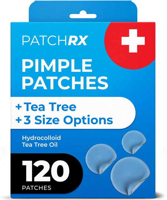 PatchRx Pimple Patches für das Gesicht (120 Patches) – Hydrokolloid-Akne-Pflaster mit Teebaumöl, Pickelaufkleber für die Nacht, transparent