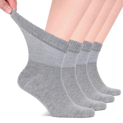 Hugh Ugoli Diabetikersocken für Herren, Lockerer Knöchel Socken aus Rayon, Extra-Weit, Dünn, Nahtlose Zehenpartie und Nicht-Einschnürendes Bündchen, 4 Paar, Hellgrau, Schuhgröße: 11-13