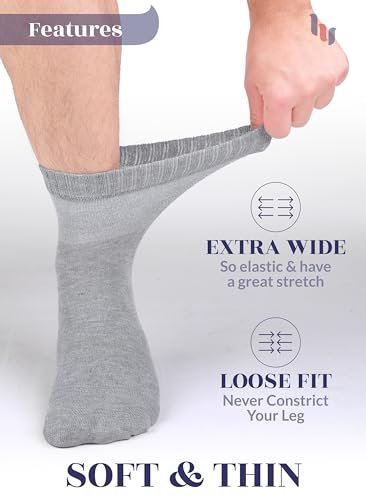 Hugh Ugoli Diabetikersocken für Herren, Lockerer Knöchel Socken aus Rayon, Extra-Weit, Dünn, Nahtlose Zehenpartie und Nicht-Einschnürendes Bündchen, 4 Paar, Hellgrau, Schuhgröße: 11-13