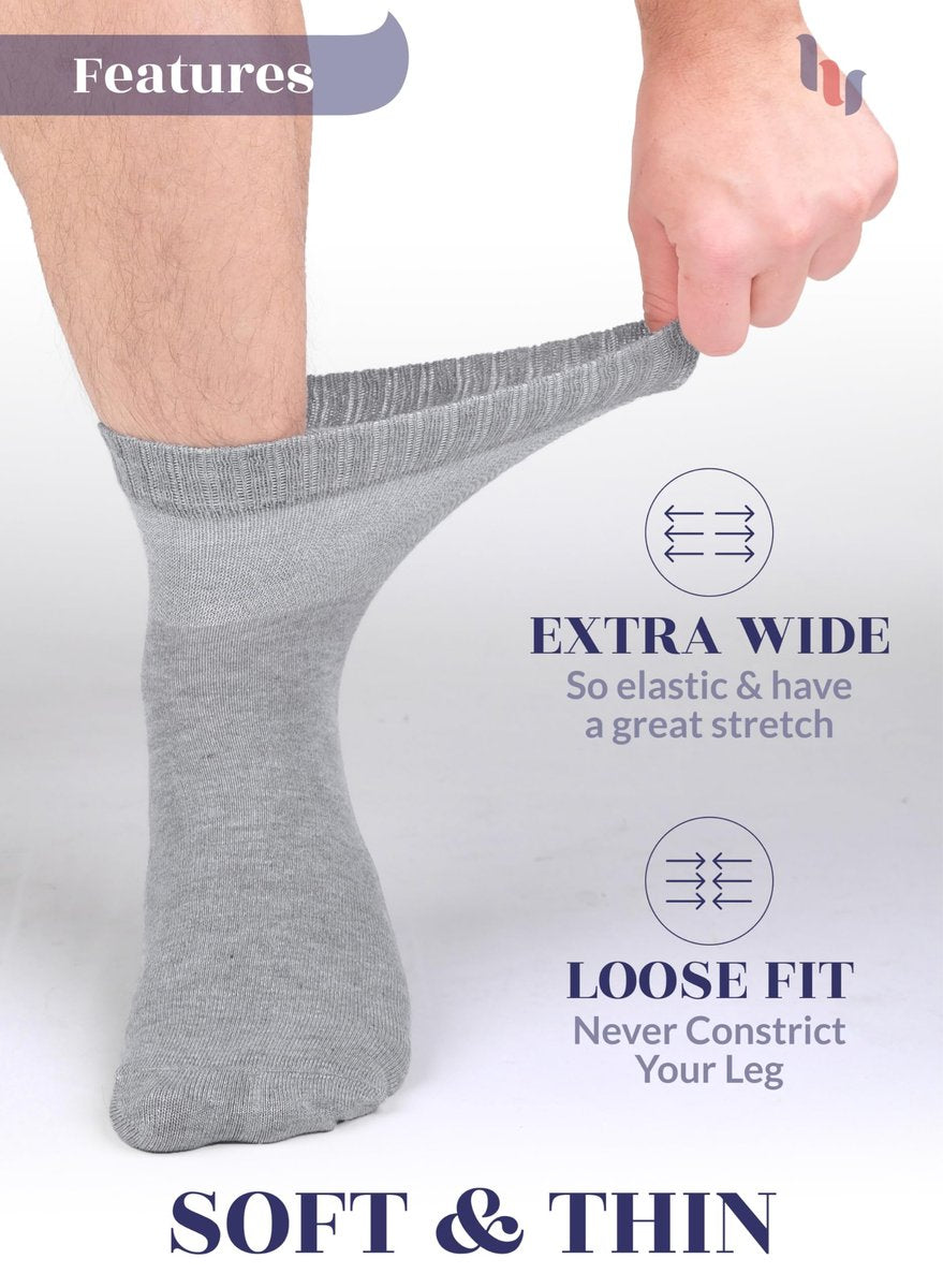 Hugh Ugoli Diabetikersocken für Herren, lockerer Knöchelsocken aus Rayon, extra weit, dünn, nahtlose Zehenpartie und nicht einschnürendes Bündchen, 4 Paare, Hellgrau, Schuhgröße: 8-11