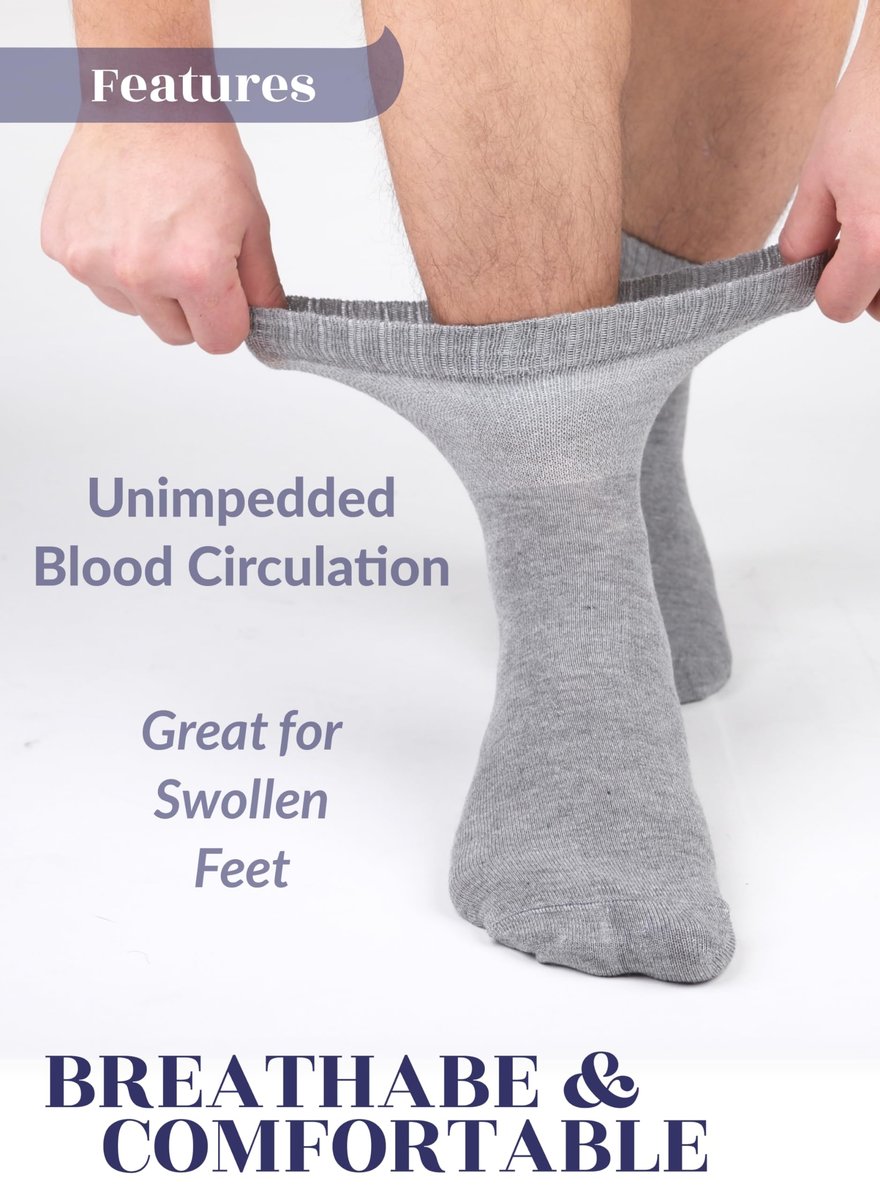 Hugh Ugoli Diabetikersocken für Herren, Lockerer Knöchel Socken aus Rayon, Extra-Weit, Dünn, Nahtlose Zehenpartie und Nicht-Einschnürendes Bündchen, 4 Paar, Hellgrau, Schuhgröße: 11-13