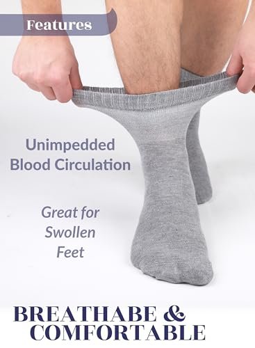 Hugh Ugoli Diabetikersocken für Herren, Lockerer Knöchel Socken aus Rayon, Extra-Weit, Dünn, Nahtlose Zehenpartie und Nicht-Einschnürendes Bündchen, 4 Paar, Hellgrau, Schuhgröße: 11-13