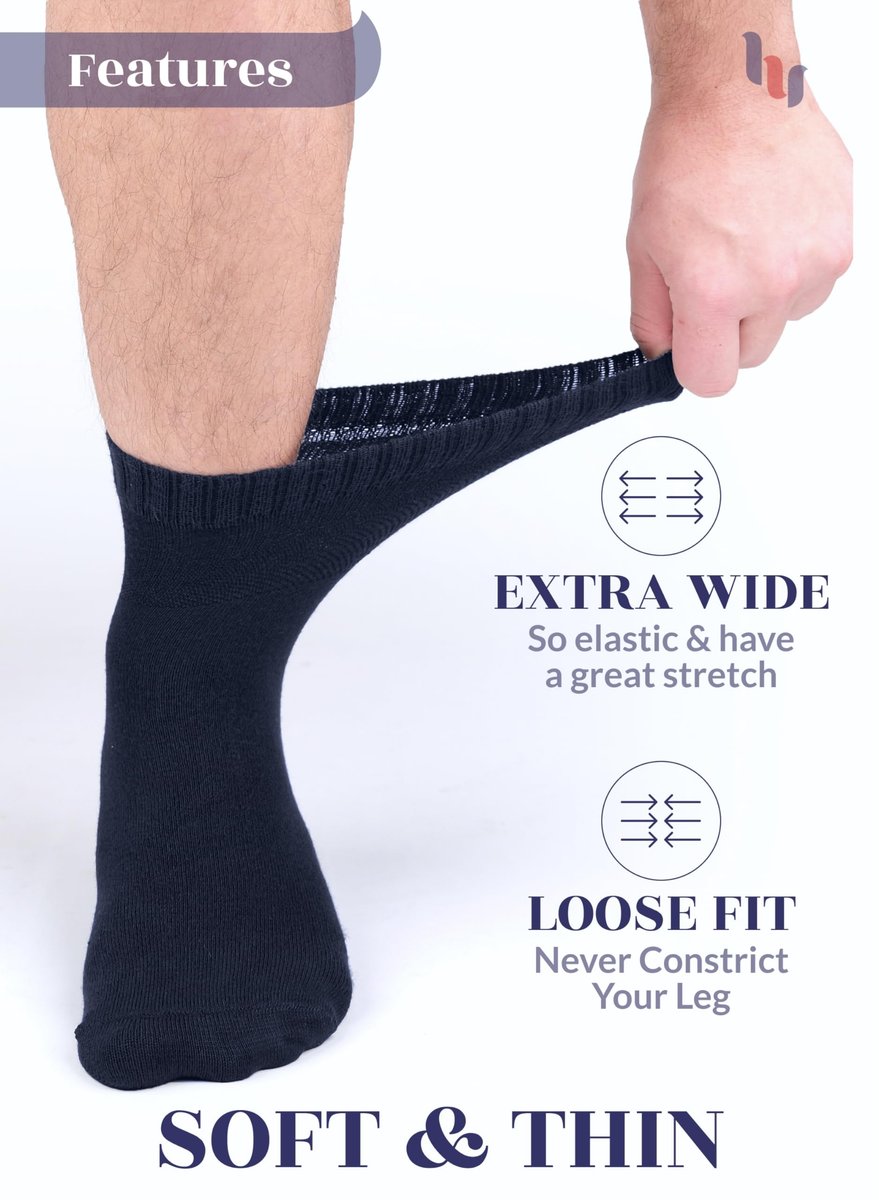 Hugh Ugoli Diabetikersocken für Herren, lockerer Knöchelsocken aus Rayon, extra weit, dünn, nahtlose Zehenpartie und nicht einschnürendes Bündchen, 4 Paar, Marineblau, Schuhgröße: 11-13