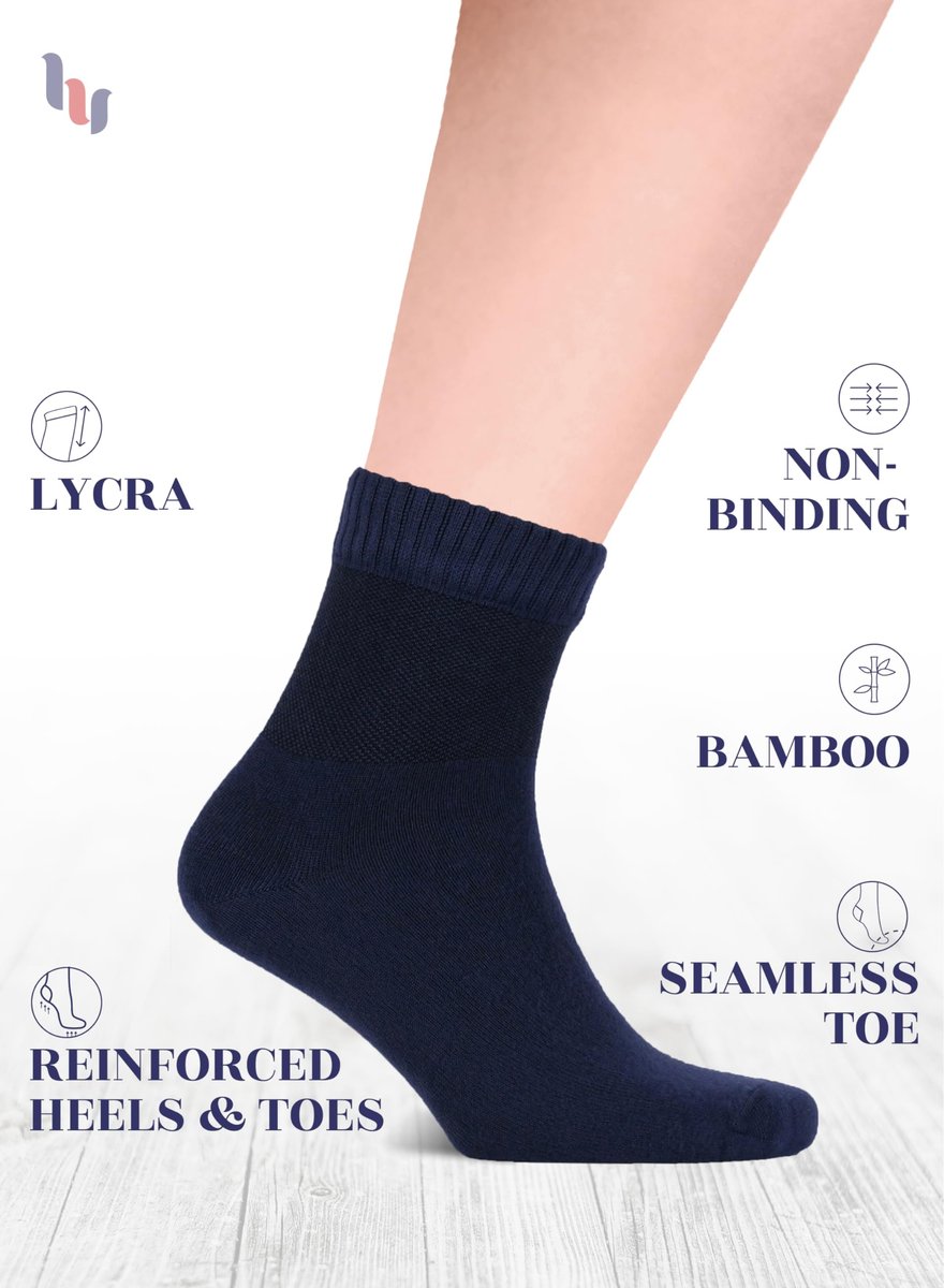 Hugh Ugoli Diabetikersocken für Herren, lockerer Knöchelsocken aus Rayon, extra weit, dünn, nahtlose Zehenpartie und nicht einschnürendes Bündchen, 4 Paar, Marineblau, Schuhgröße: 11-13