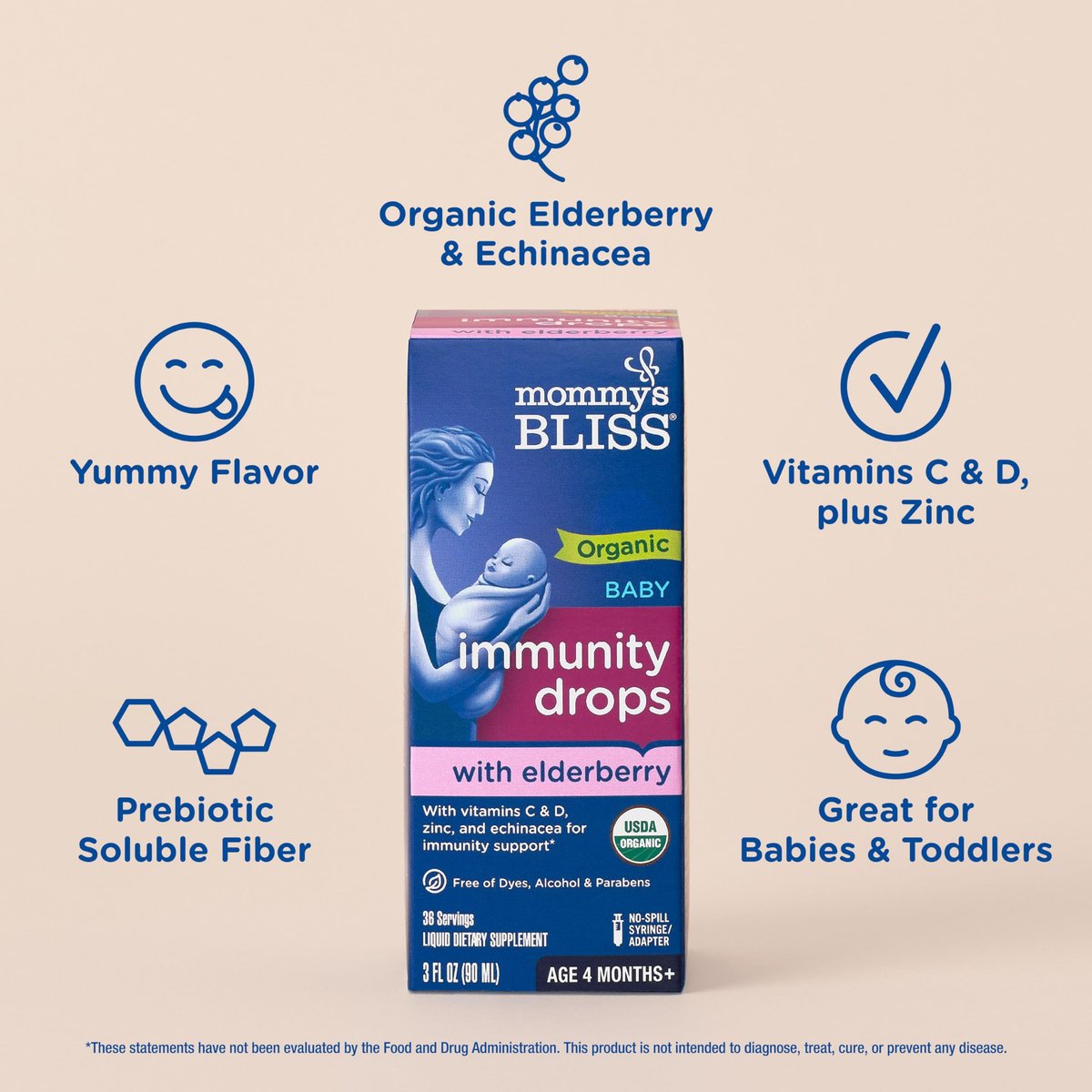 Mommy's Bliss Bio Baby Holunderbeeren-Tropfen, Immununterstützung mit Vitaminen, Präbiotika, Zink & Bio-Echinacea, ab 4 Monaten, 89 ml (36 Portionen)