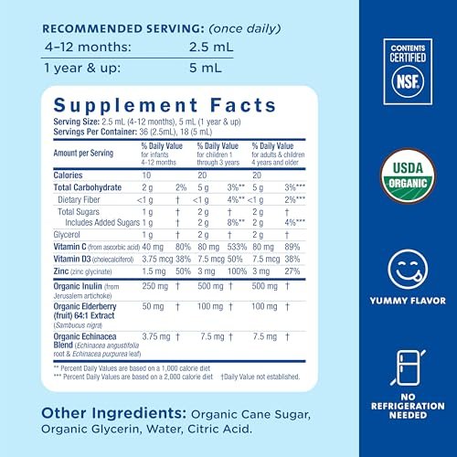 Mommy's Bliss Bio Baby Holunderbeeren-Tropfen, Immununterstützung mit Vitaminen, Präbiotika, Zink & Bio-Echinacea, ab 4 Monaten, 89 ml (36 Portionen)