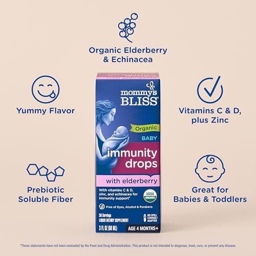 Mommy's Bliss Bio Baby Holunderbeeren-Tropfen, Immununterstützung mit Vitaminen, Präbiotika, Zink & Bio-Echinacea, ab 4 Monaten, 89 ml (36 Portionen)