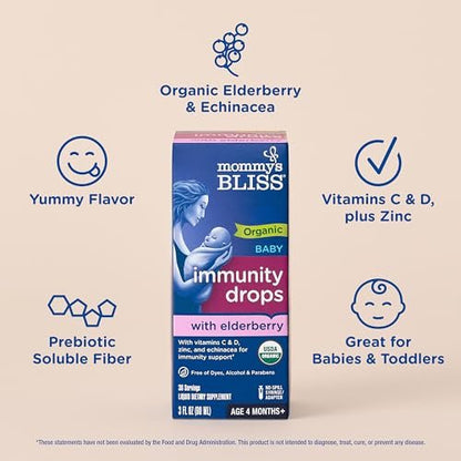 Mommy's Bliss Bio Baby Holunderbeeren-Tropfen, Immununterstützung mit Vitaminen, Präbiotika, Zink & Bio-Echinacea, ab 4 Monaten, 89 ml (36 Portionen)