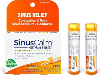 Boiron SinusCalm Pellets für Nasennebenhöhlenschmerz, laufende Nase, Verstopfung, Druckgefühl, Kopfschmerzen – 2 Packungen (160 Pellets)
