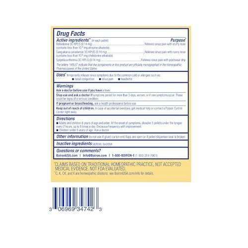 Boiron SinusCalm Pellets für Nasennebenhöhlenschmerz, laufende Nase, Verstopfung, Druckgefühl, Kopfschmerzen – 2 Packungen (160 Pellets)